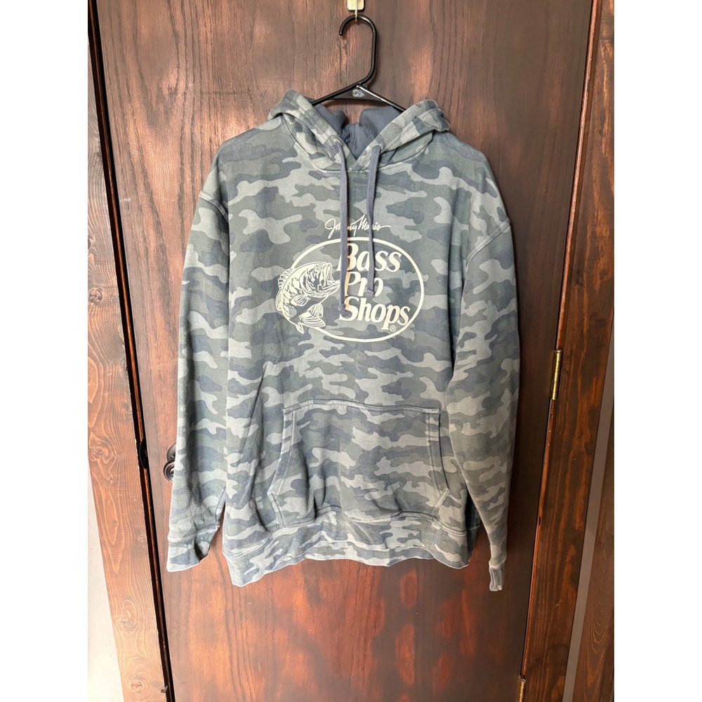 Bass Pro Shops Johnny Morris Mens Green Camo Graphic Hoodie Sweatshirt Large
